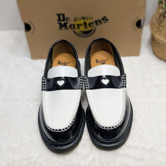 Dr. Martens Shoes - Dr. Martens Penton Heart Black & White Two-Tone Patent Leather Loafers UK 6 NIB